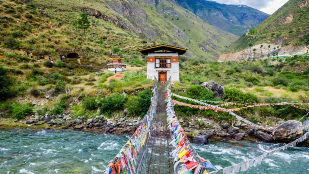 Iron Chain Bridge of Tamchog Lhakhang Monastery, Paro River, Bhutan