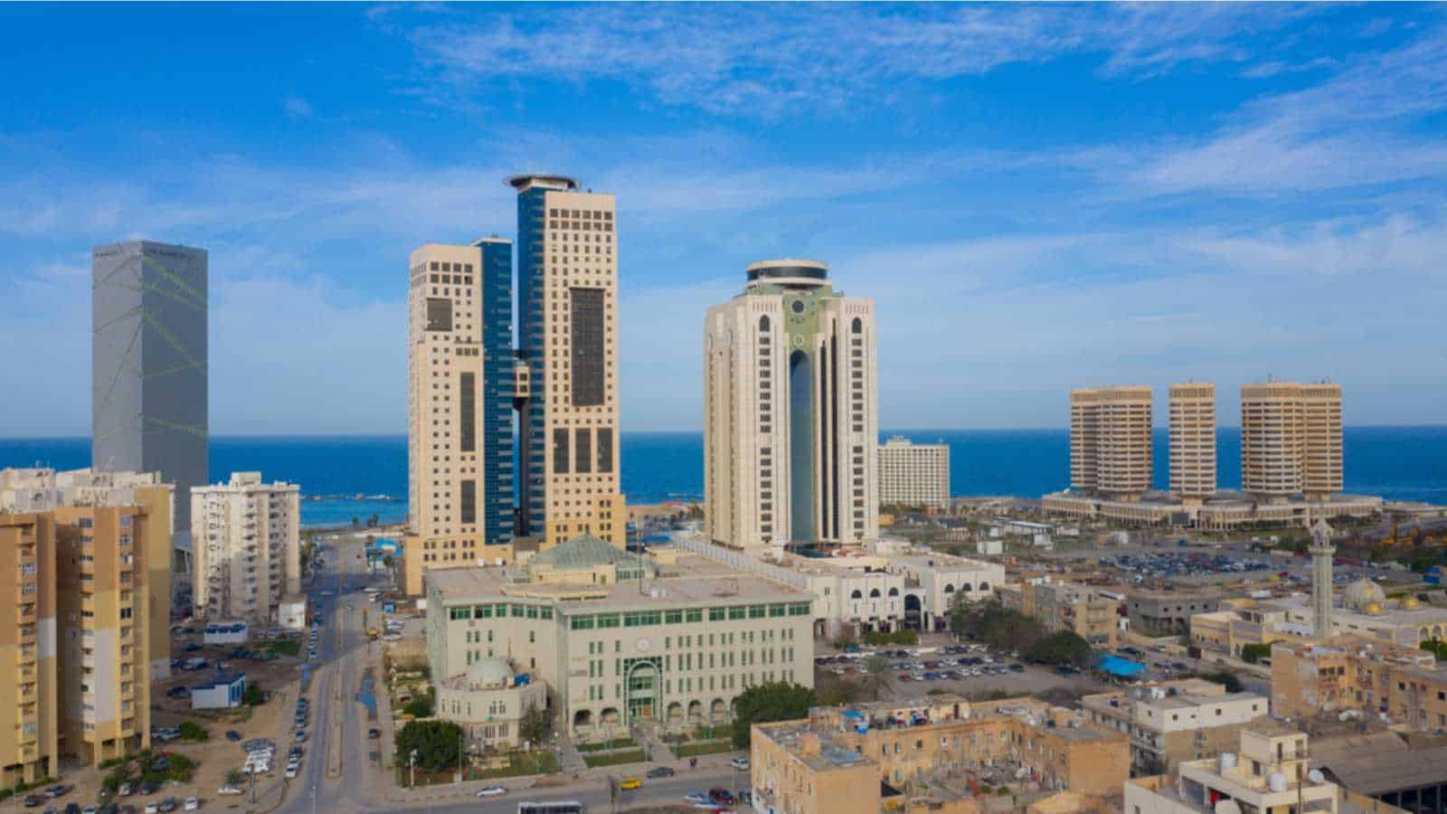 Tripoli, Libya - December 27, 2020: Capital of Libya, Tripoli seafront skyline view.