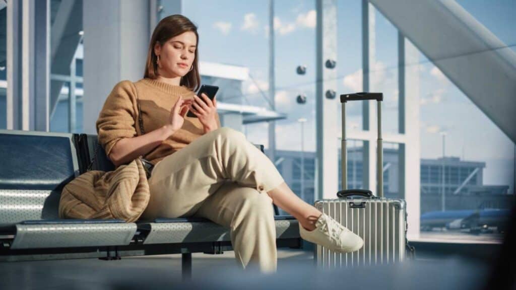 Woman in airport waiting with mobile in hand