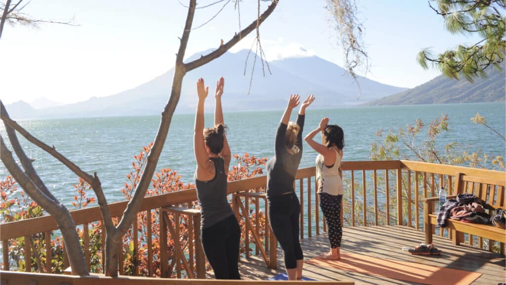 Girls practicing Yoga on Lake Atitlan