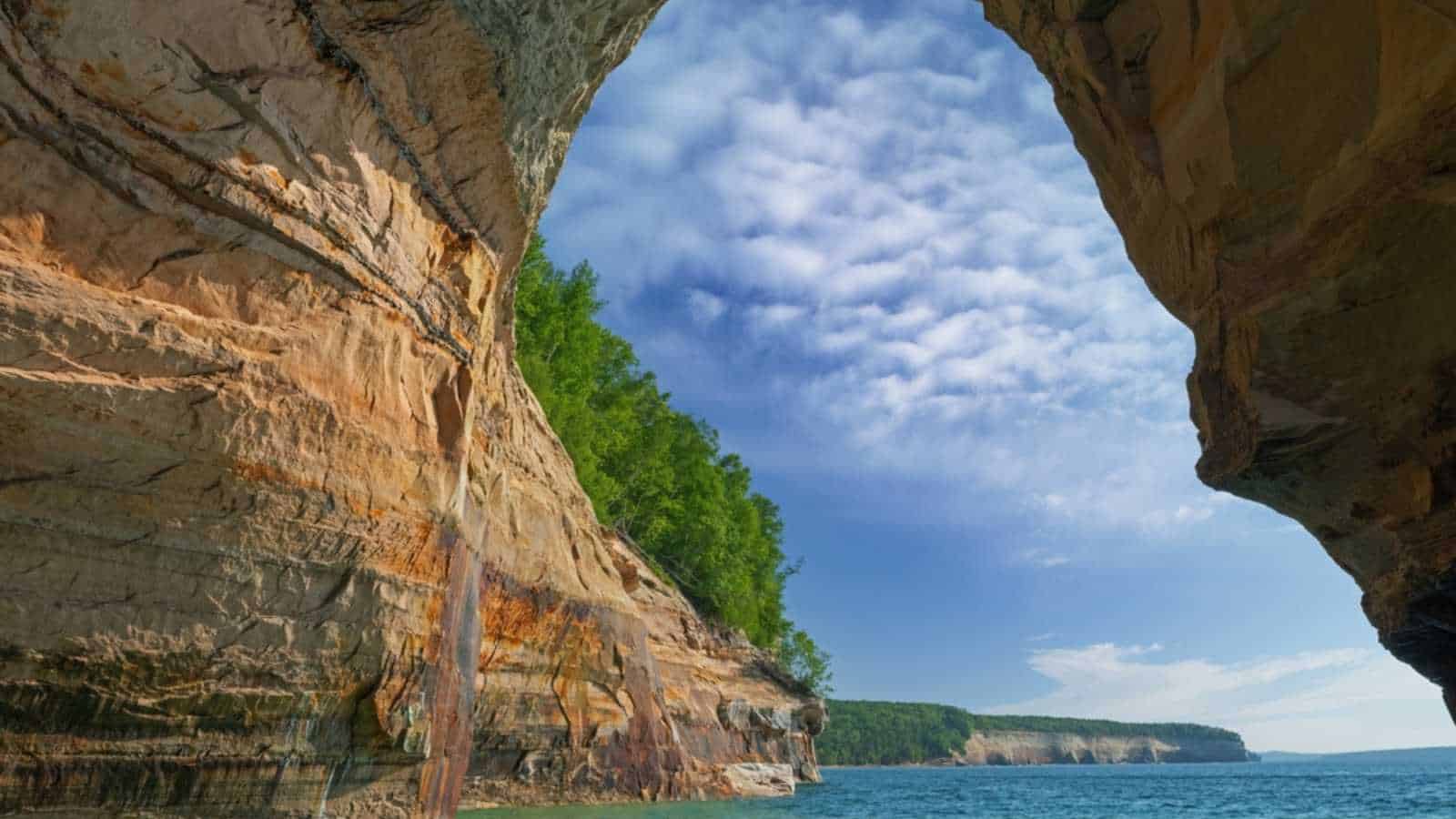 Landscape near sunset of Lover’s Leap Arch, Pictured Rocks National Lakeshore, Lake Superior, Michigan’s Upper Peninsula, USA