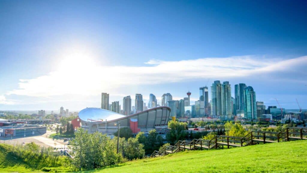 Beautiful Calgary city skyline from scotsman’s hill on a sunny day, Canada