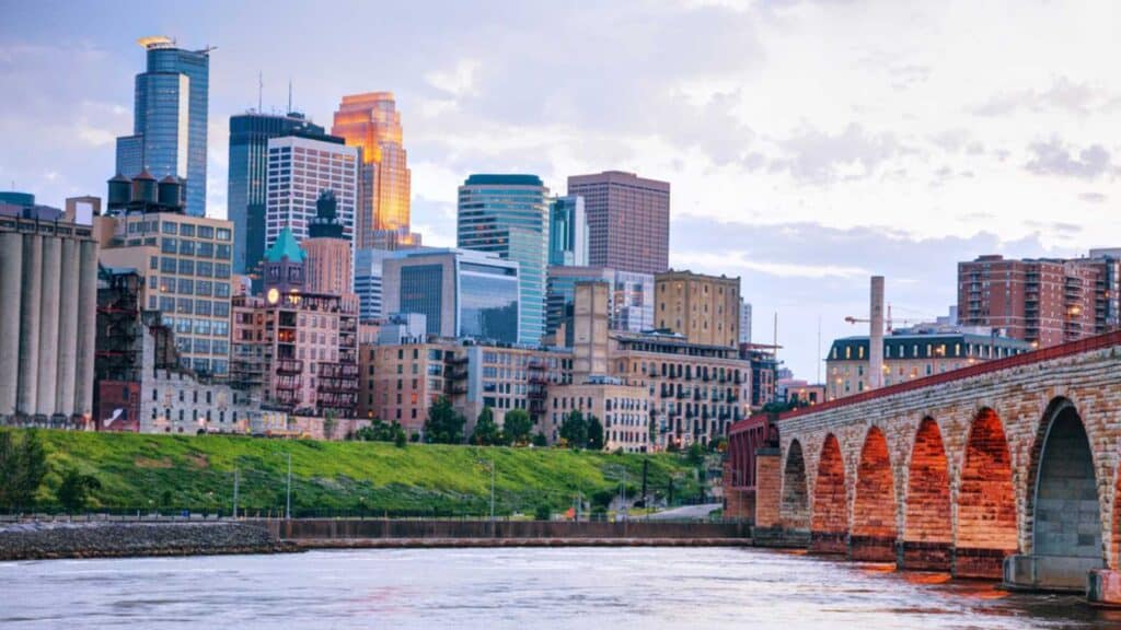 Minneapolis downtown skyline in Minnesota, USA at sunset