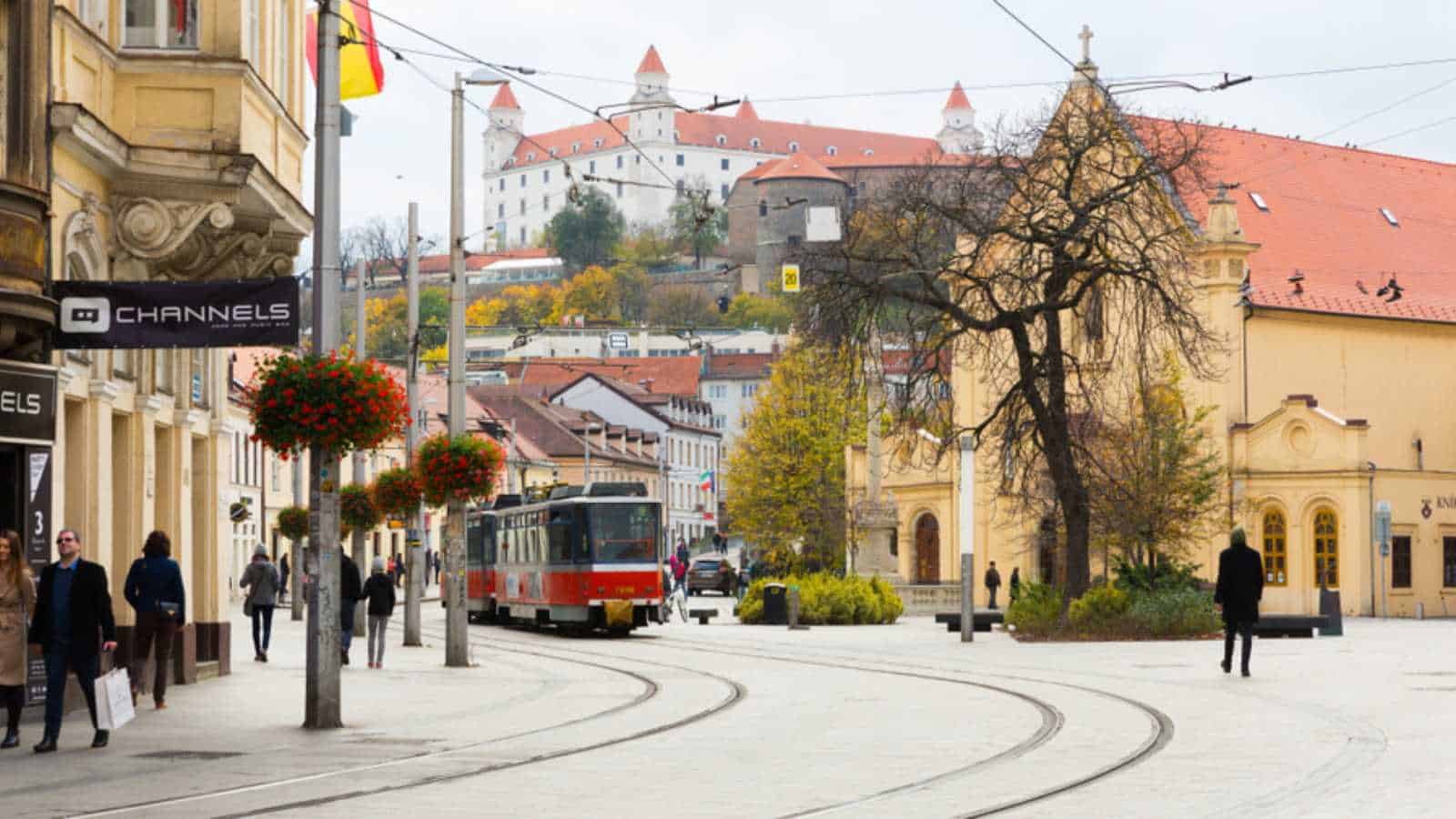 BRATISLAVA, SLOVAKIA - NOVENBER 3, 2017: Historical center of Bratislava with tramline and historic buildings, Slovakia