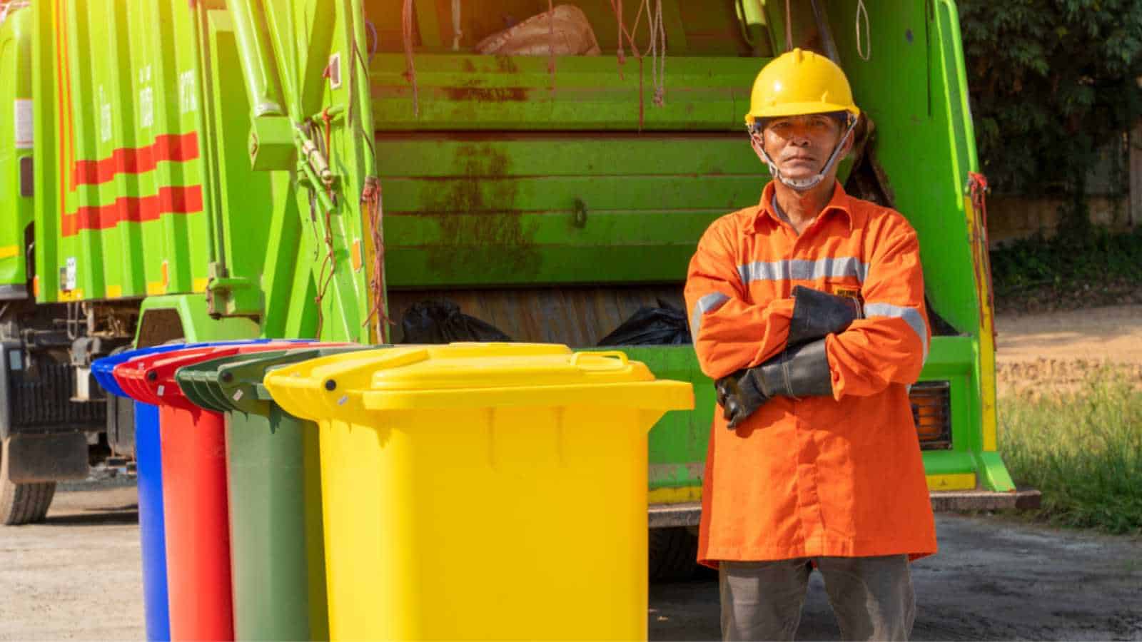 Portrait of garbage collector with truck loading waste and trash bin.