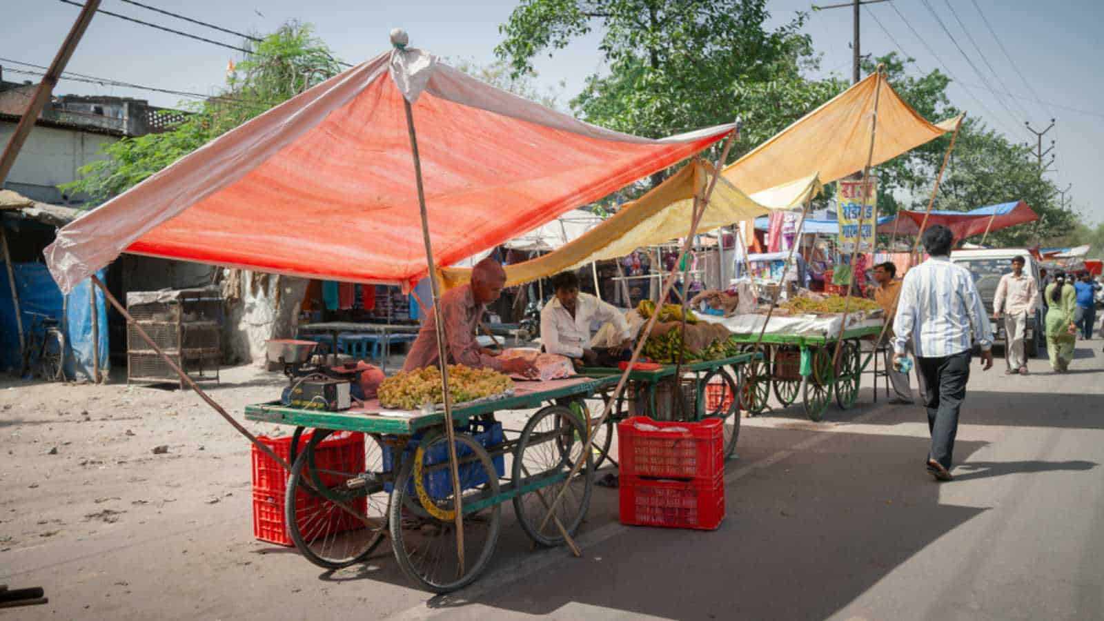 Kanpur, Uttar Pradesh / India - Mar 23 2012: Concept of rural business. Street Fruit Market in the rural area of India.