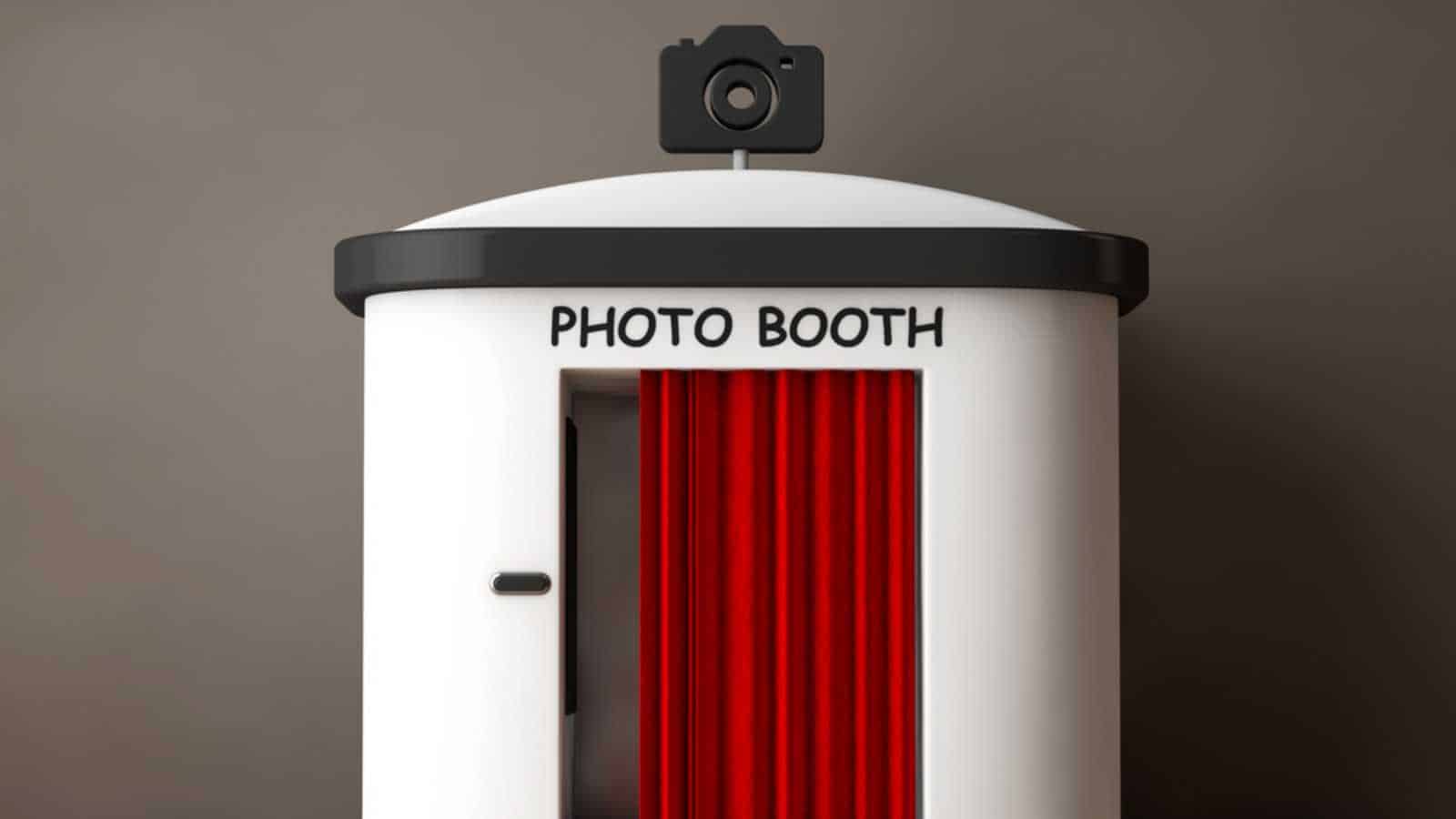 Photo Booth with Red Curtain on a wooden floor. 3d Rendering