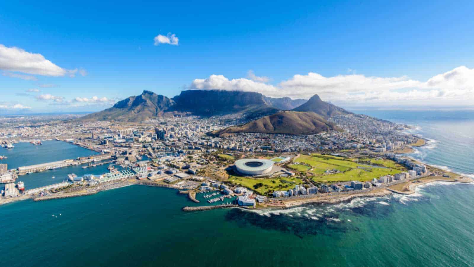 Aerial view of Cape Town, South Africa on a sunny afternoon. Photo taken from a helicopter during air tour of Cape Town