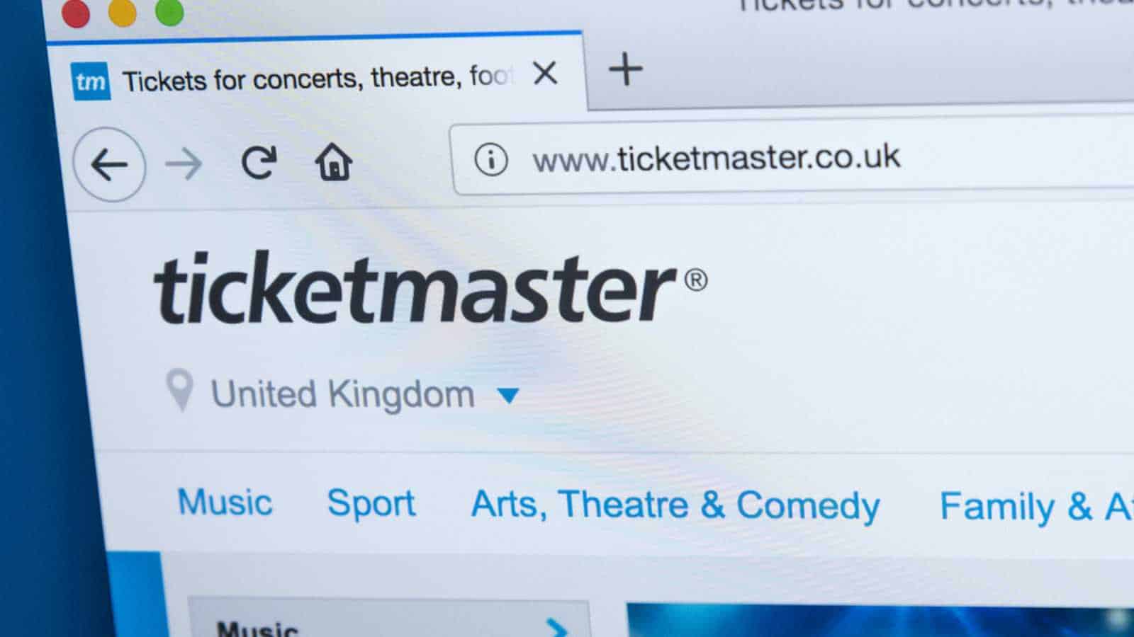 LONDON, UK - JANUARY 8TH 2018: The homepage of the official website for Ticketmaster - the American ticket sales and distribution company, on 8th January 2018.