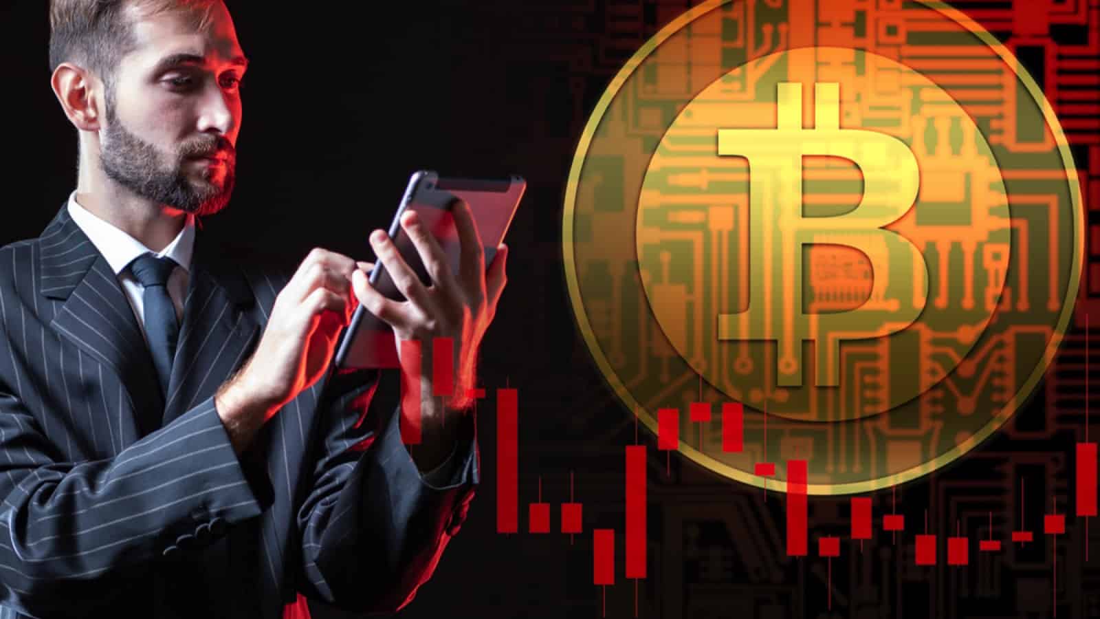 Trader next to bitcoing logo