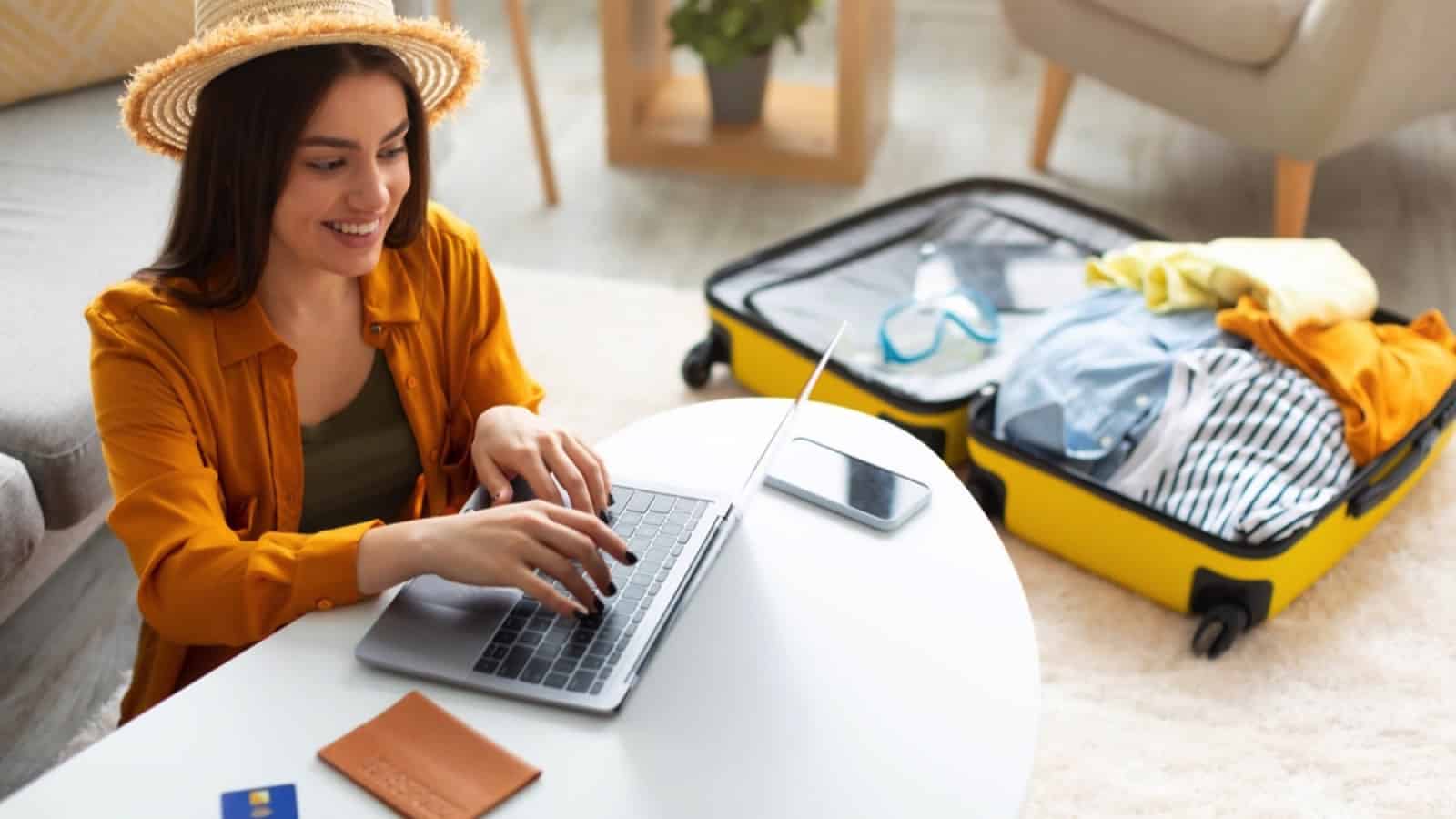 Traveler using laptop