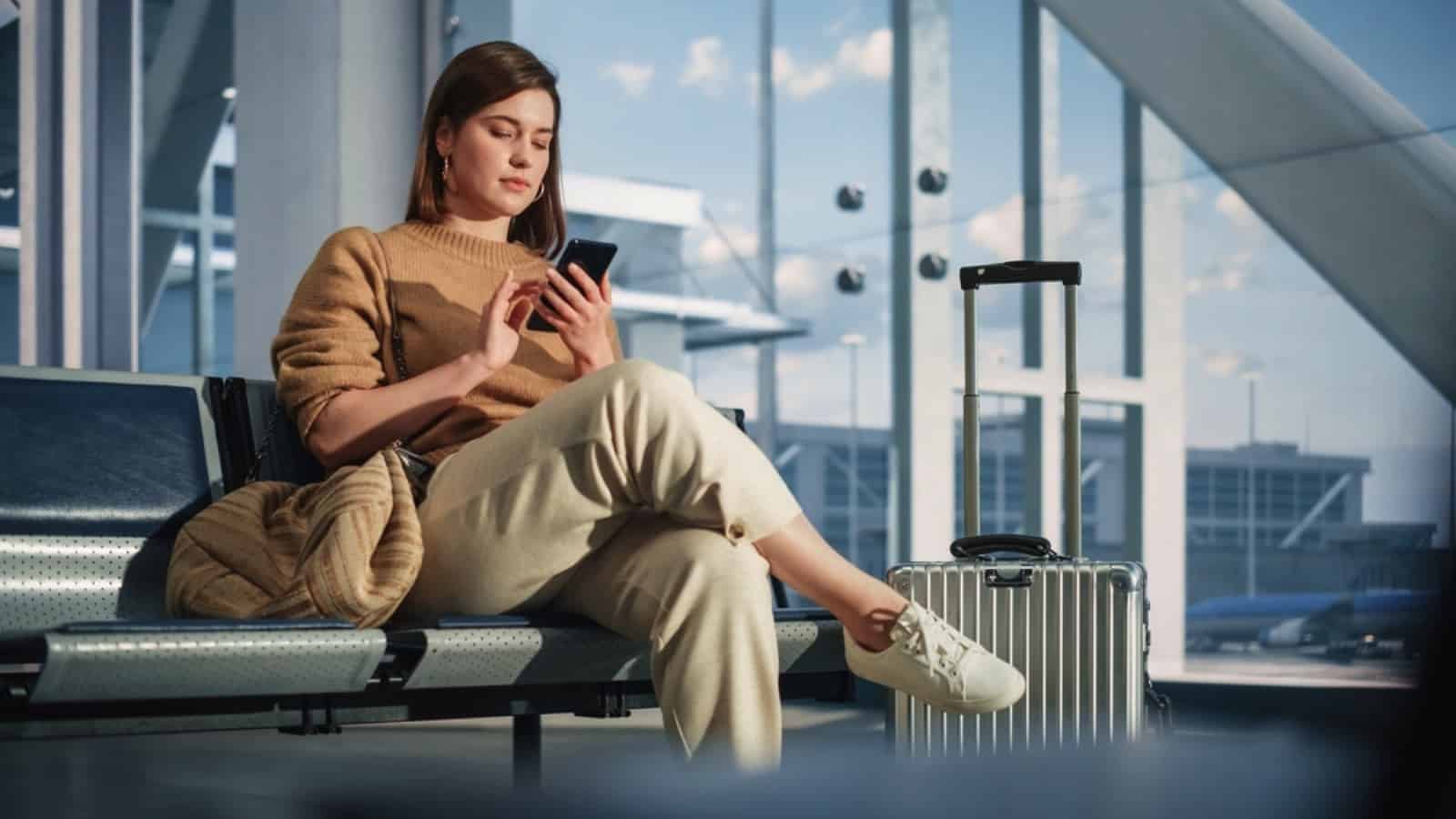 Woman in airport using mobile