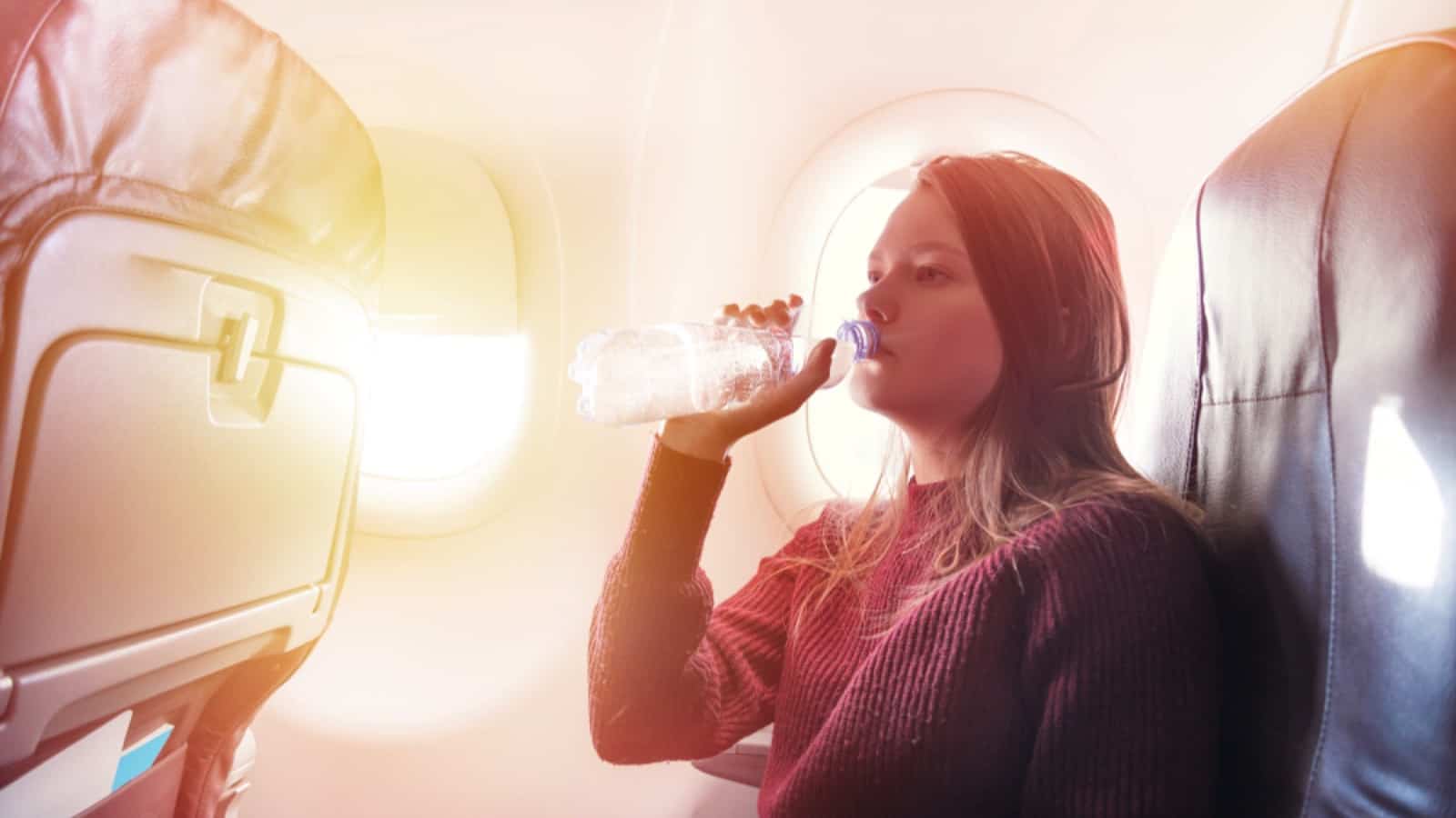 Woman drinking water inside flight