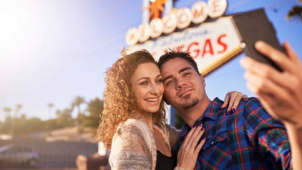 Romantic couple taking selfie in Las Vegas