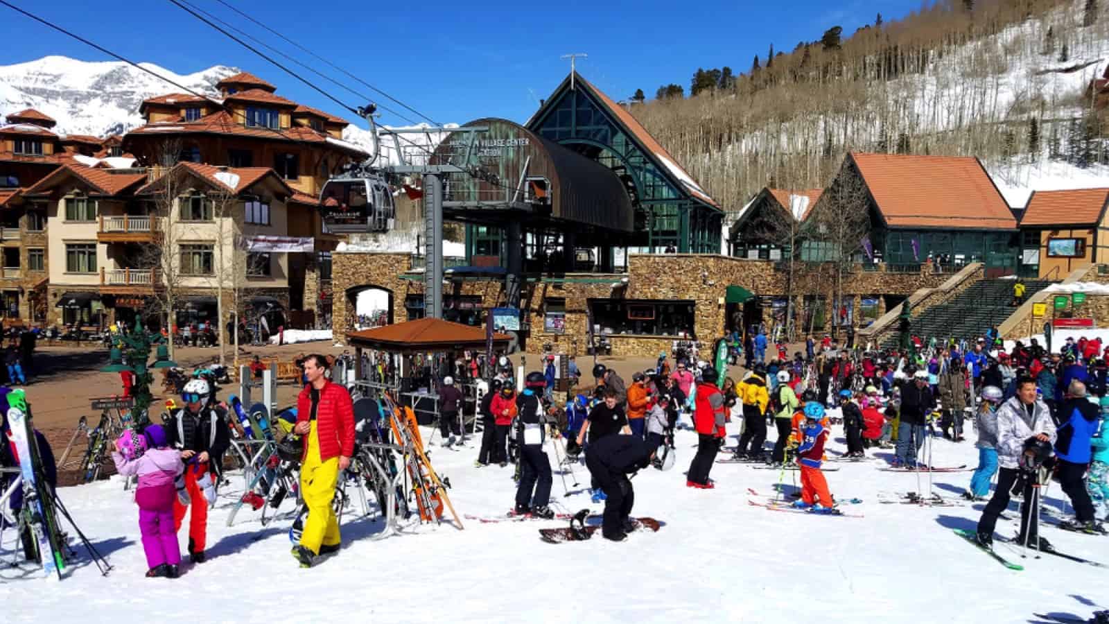 Telluride Ski Resort, Mountain Village, Colorado - March 25, 2019: Visitors enjoy end of ski season
