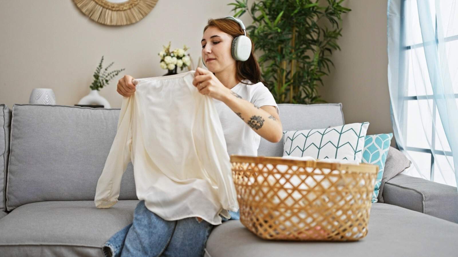 Woman listening to music when folding clothes